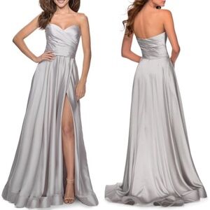 NWT La Femme 28608 Pleated Bodice Strapless Satin Gown in Silver Sz. 16